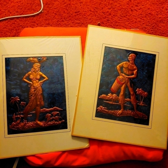 Vintage* 60s Copper Wall Relief Art, Set of 2, Tribal Man and Woman - Picture 1 of 5